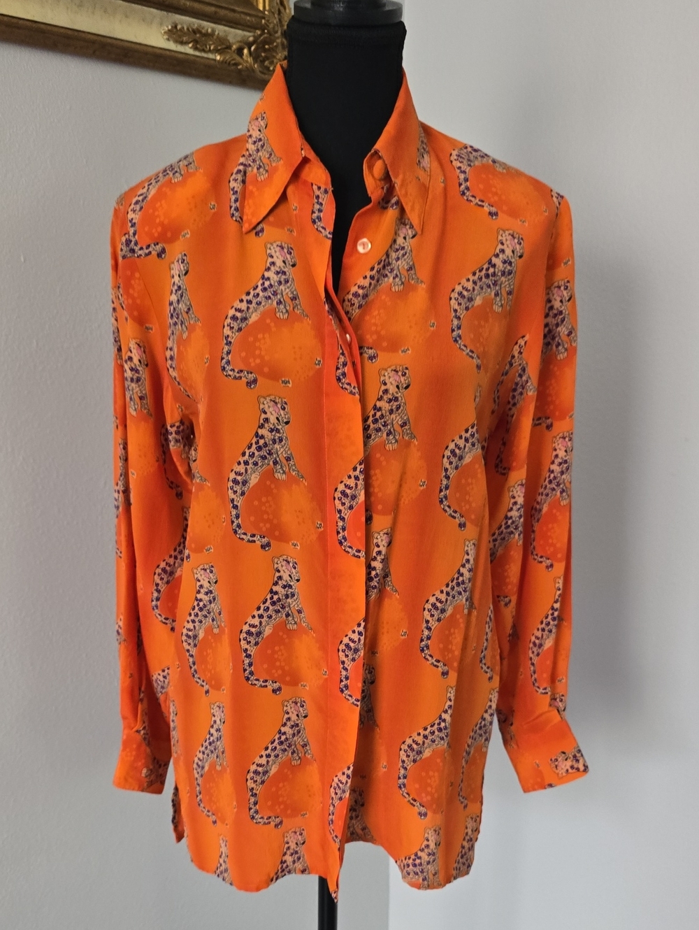 VTG Piano Orange Jaguar Print Button-Up Blouse 100% Silk - Small - Picture 2 of 7